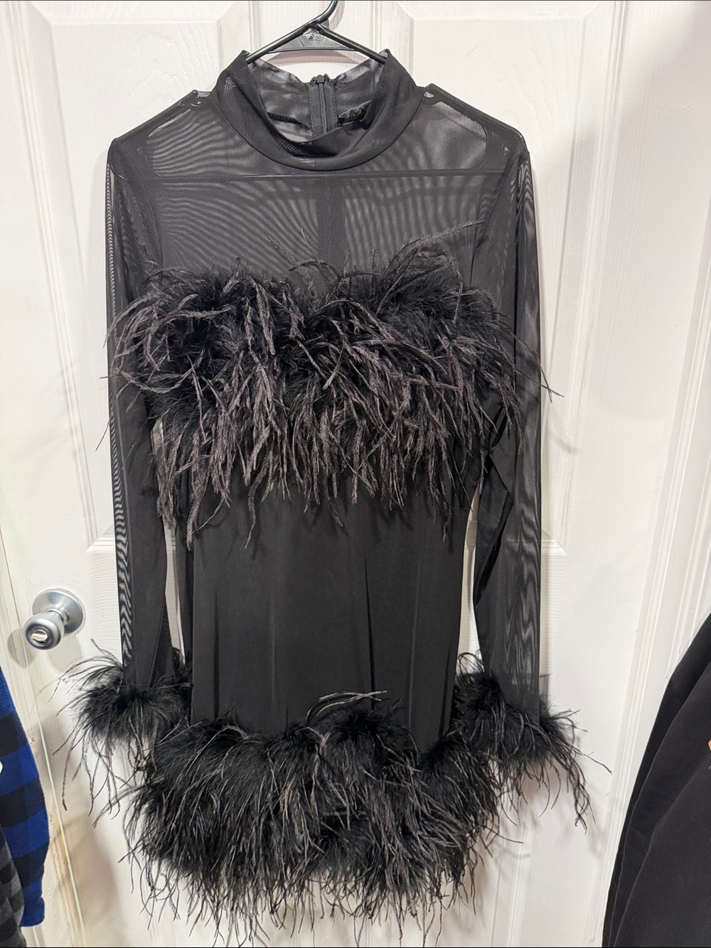 AKIRA Black Sheer Long-Sleeve Feather-Trim Mini Dress
